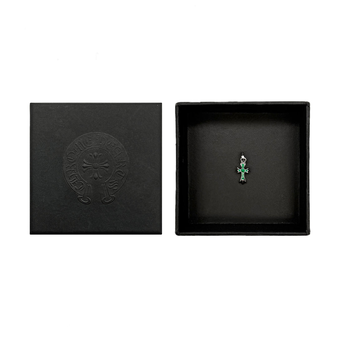 Chrome Hearts 18K White Gold Emerald Babyfat Cross Charm Pendant