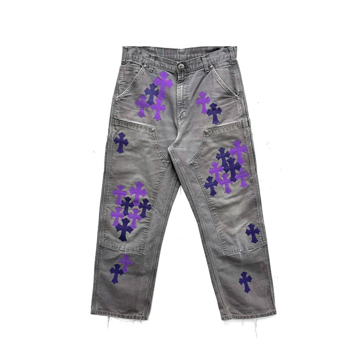 Chrome Hearts F&F Purple Cross Patch Double Knee Carpenter Jeans