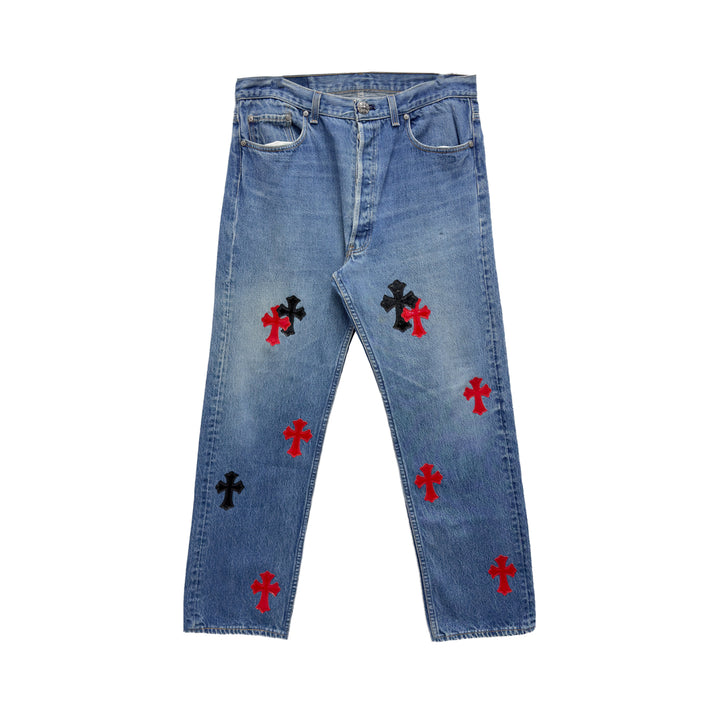 Chrome Hearts Black&Red Patent Cross Patches Jeans