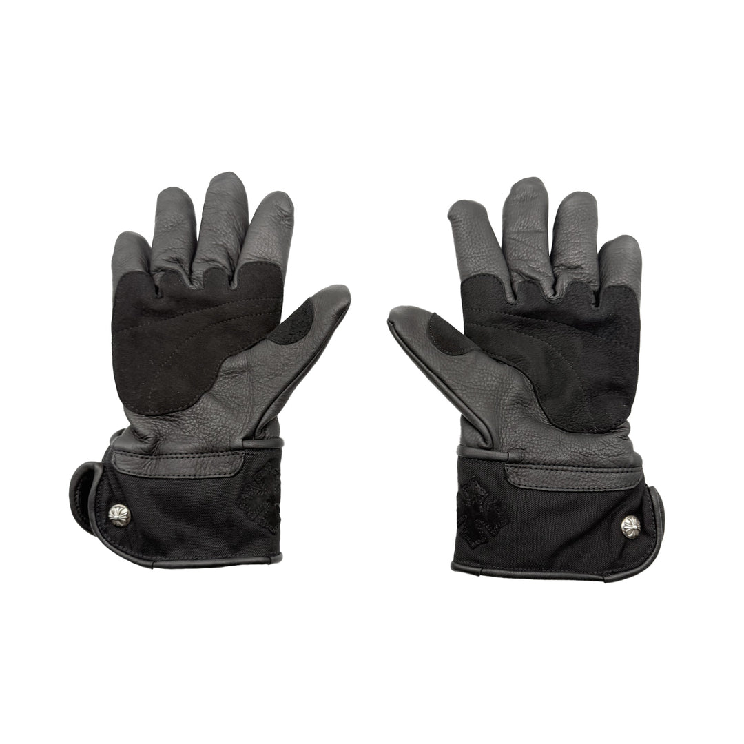 Chrome Hearts Silver Button Suede Leather Cross Motorcycle Gloves