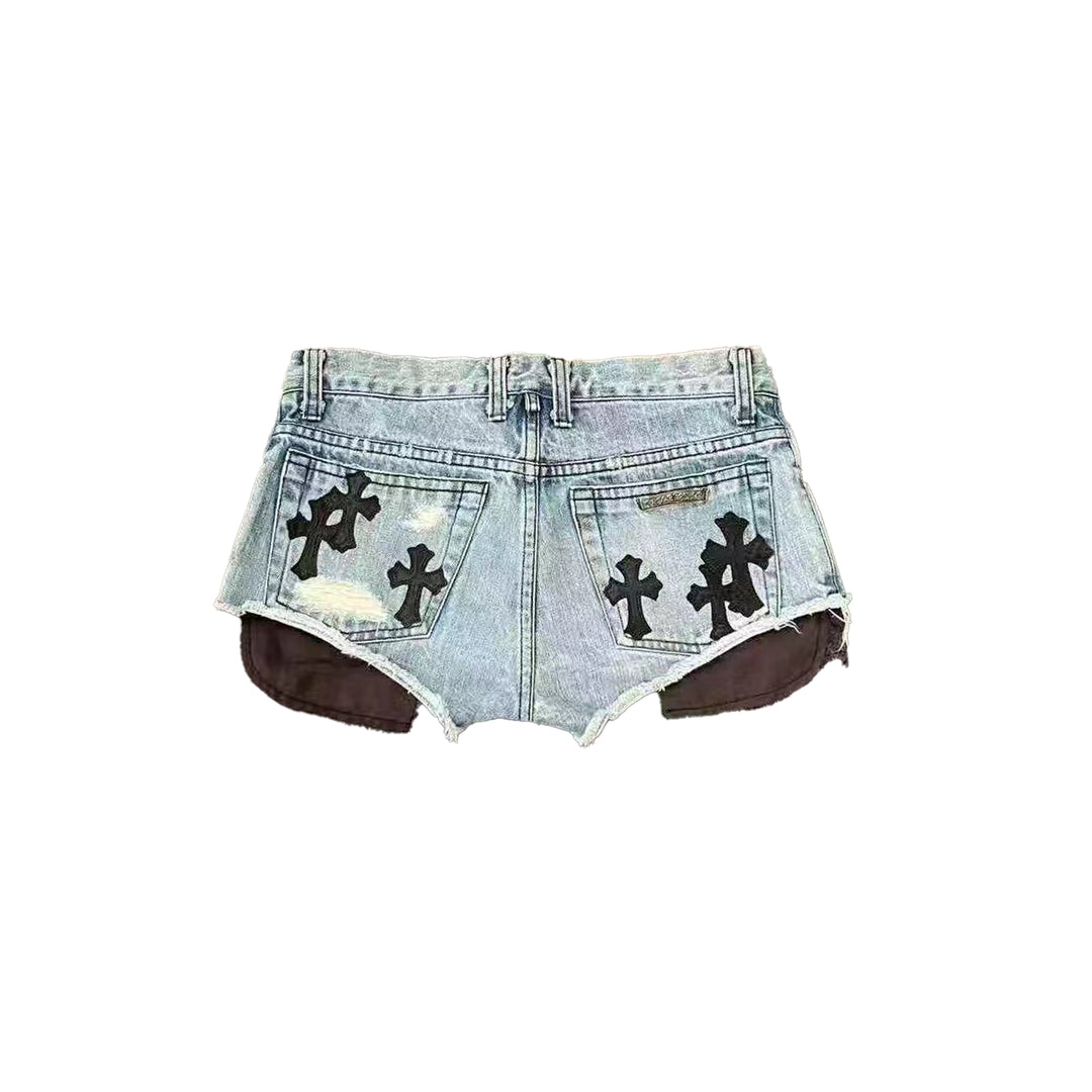 Chrome Hearts Cross Leather Patch Denim Shorts