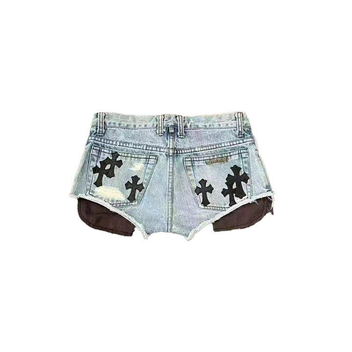Chrome Hearts Cross Leather Patch Denim Shorts