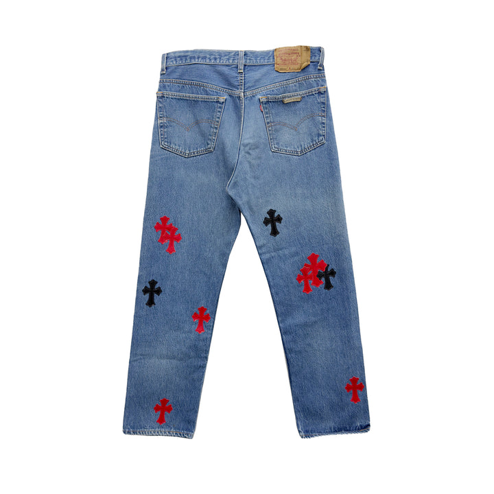 Chrome Hearts Black&Red Patent Cross Patches Jeans