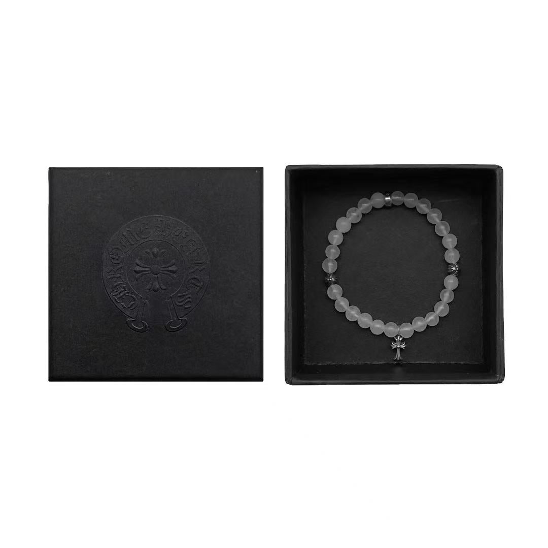 Chrome Hearts 6mm White 4 Silver Beaded Cross Bracelet