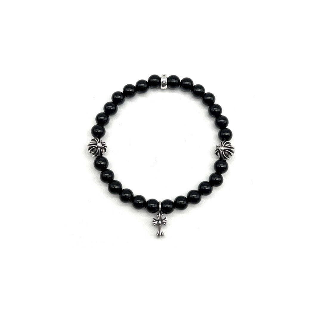 Chrome Hearts 6mm Obsidian Silver Cross Beaded Bracelet
