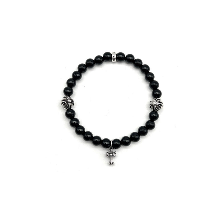 Chrome Hearts 6mm Obsidian Silver Cross Beaded Bracelet