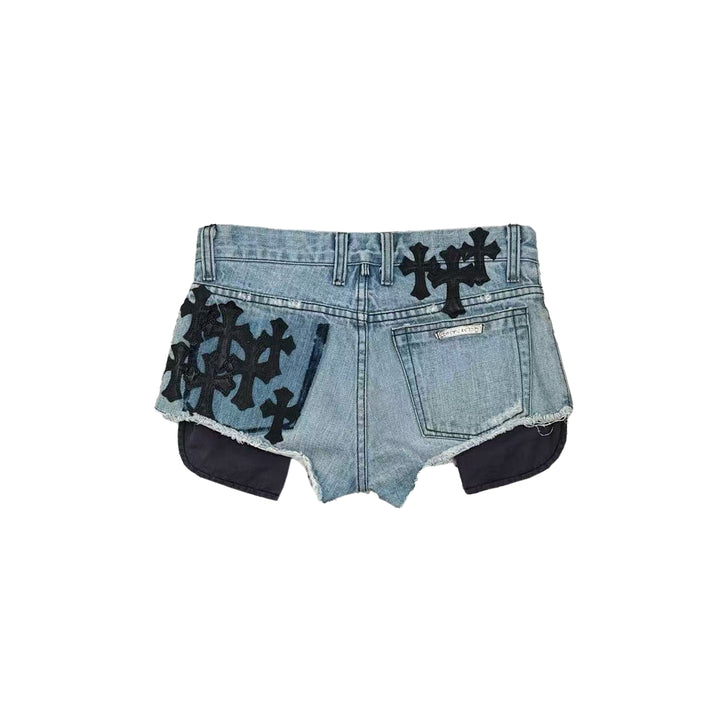 Chrome Hearts Studded Leather Cross Patch Denim Shorts