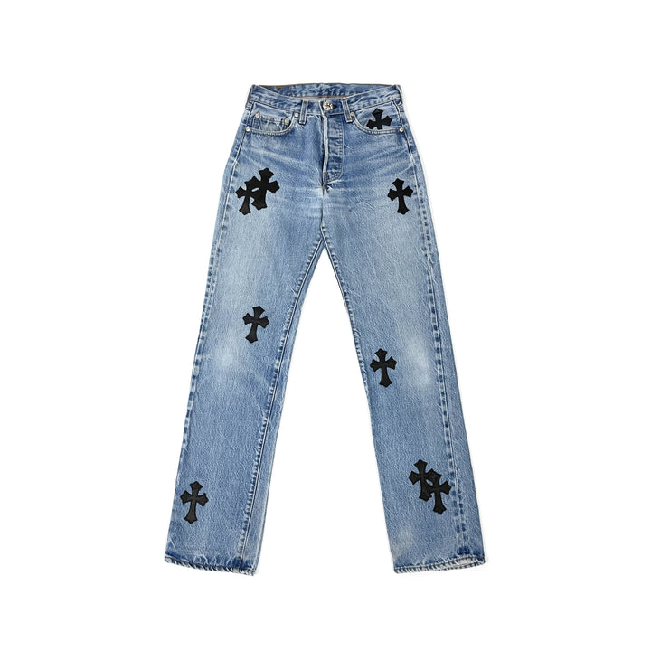 Chrome Hearts Levi's 501 Black Cross Leather Patch Jeans