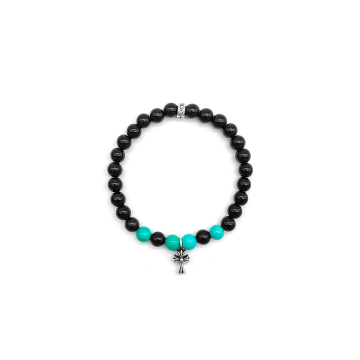 Chrome Hearts 6mm Black And Green Bead Cross Bracelet