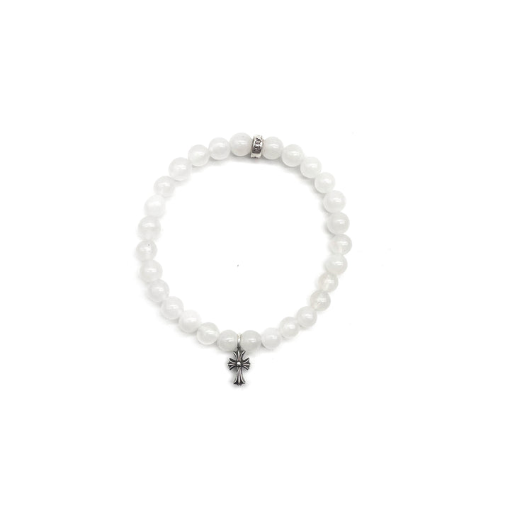 Chrome Hearts 6mm White Beaded Silver Cross Pendant Bracelet