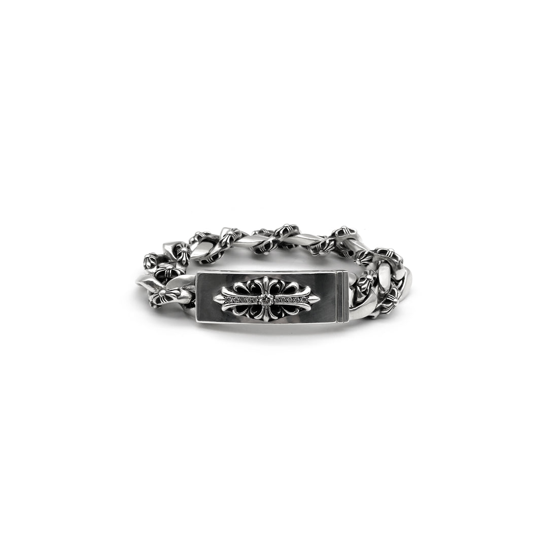 Chrome Hearts Silver Diamond ID Cross Fancy Link Cuban Bracelet
