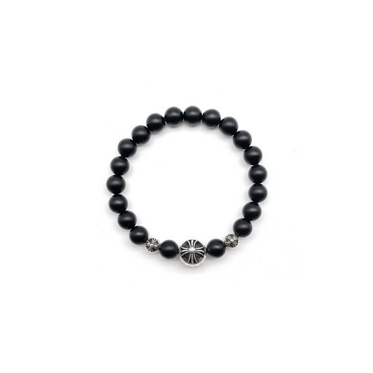 Chrome Hearts 8mm Frosted Obsidian Bead 3 Silver Bracelet