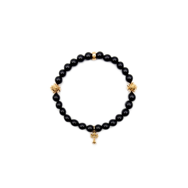 Chrome Hearts 6mm Obsidian 22K Gold Cross Beaded Bracelet