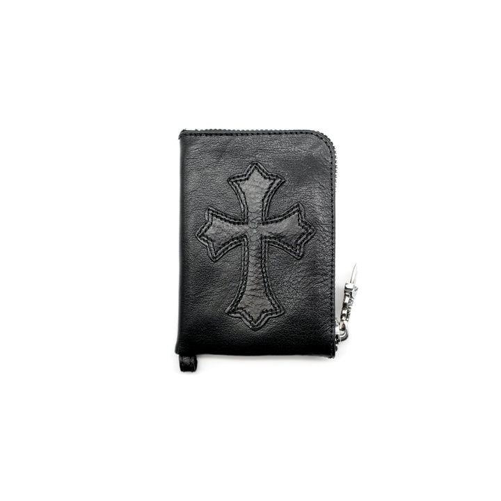 Chrome Hearts ブラックレザークロスパッチシルバースクロールジッパーウォレット