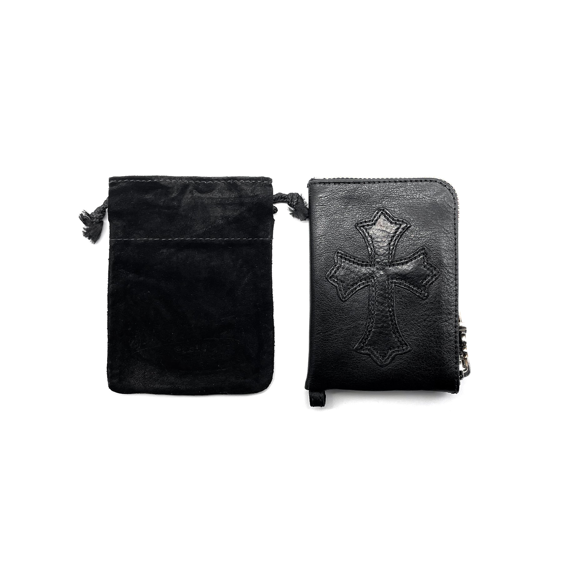 Chrome Hearts Black Leather Cross Patch Silver Scroll Wallet