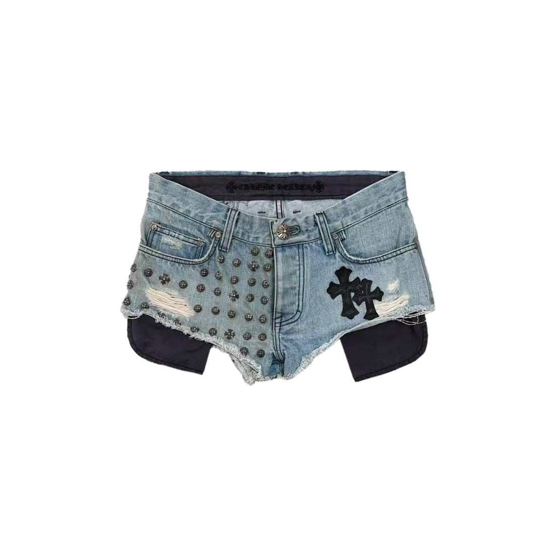 Chrome Hearts Studded Leather Cross Patch Denim Shorts