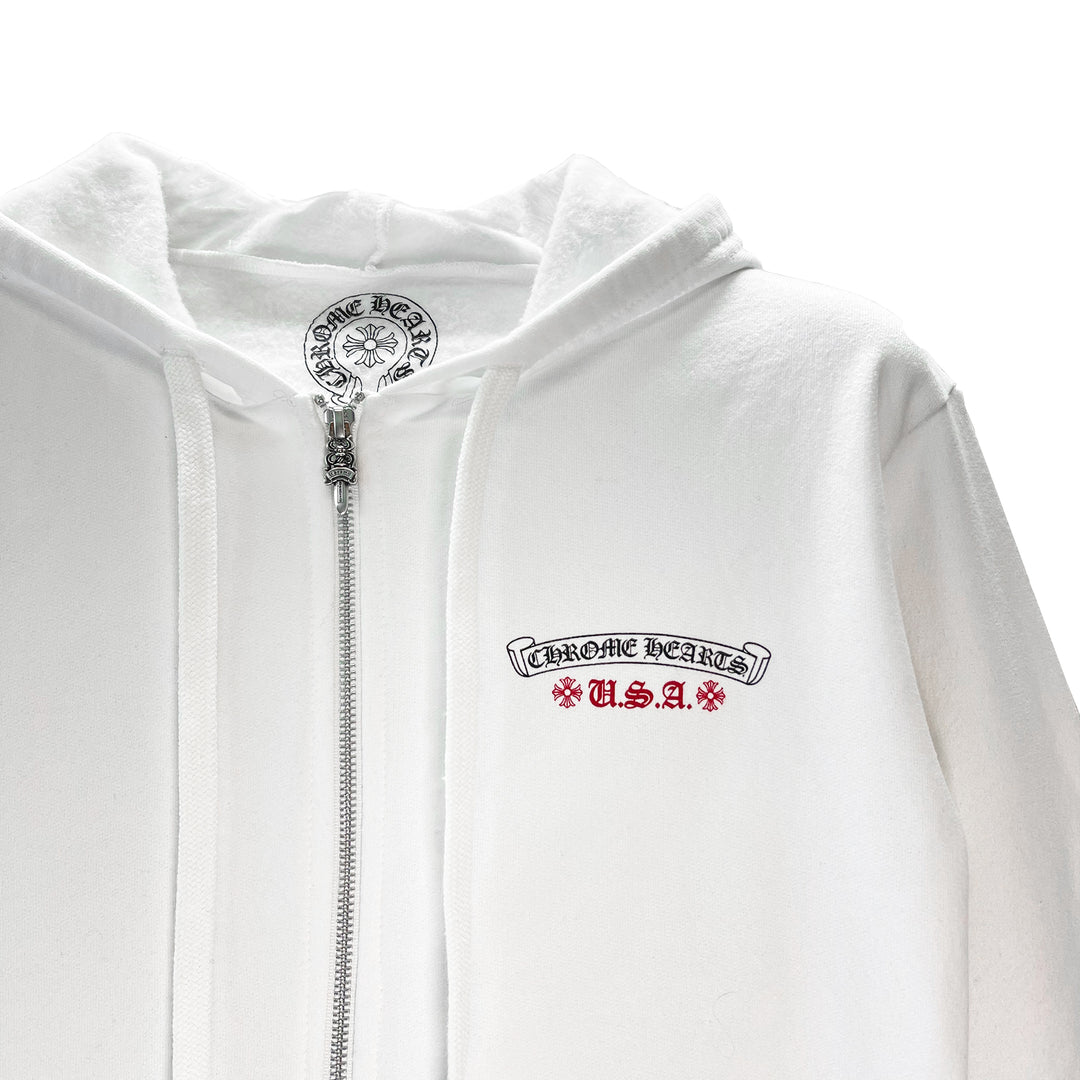 Chrome Hearts White USA Flag Logo Zip Up Hoodie