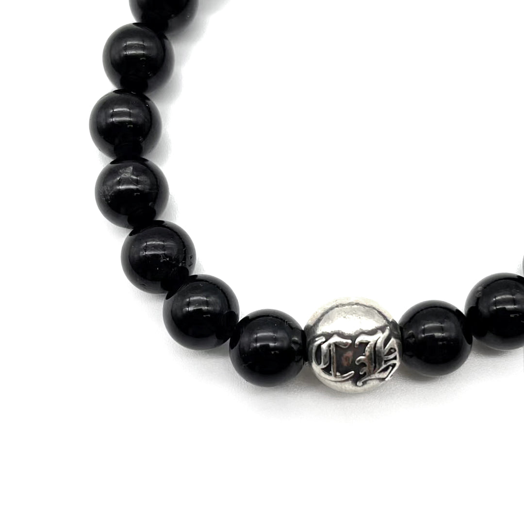 Chrome Hearts 8mm Beaded Obsidian Silver Bracelet