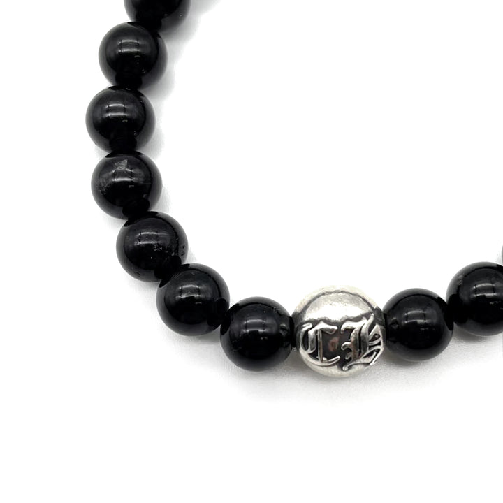 Chrome Hearts 8mm Beaded Obsidian Silver Bracelet