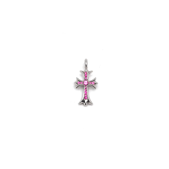 Chrome Hearts 18K White Gold Pink Saph Tiny Cross Charm Pendant