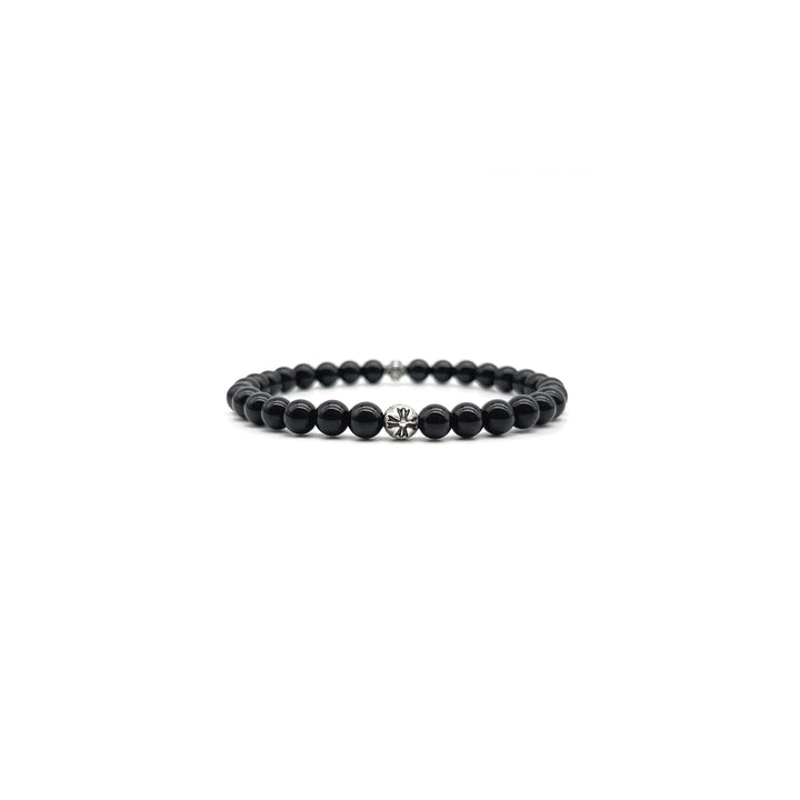 Chrome Hearts 6mm Obsidian Silver Cross Ball Beaded Bracelet