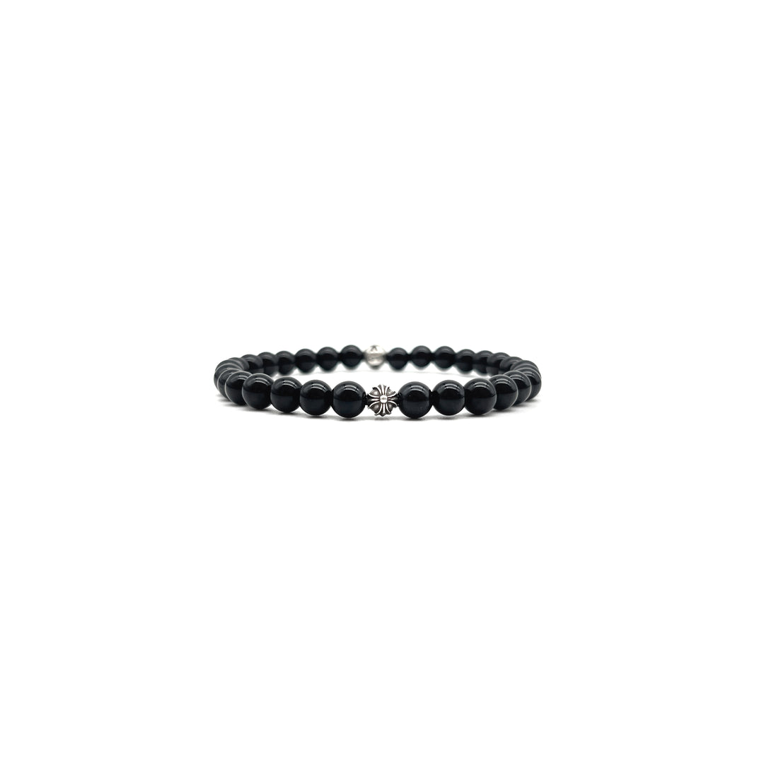 Chrome Hearts 6mm Obsidian Silver Cross Ball Beaded Bracelet