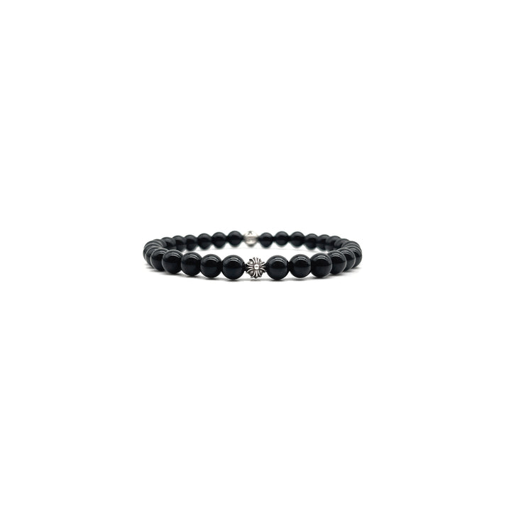 Chrome Hearts 6mm Obsidian Silver Cross Ball Beaded Bracelet