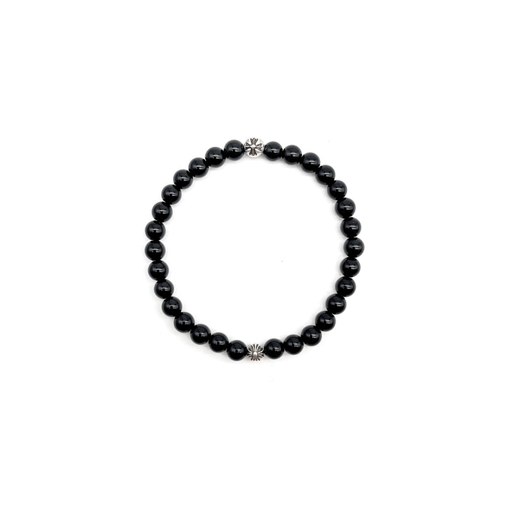 Chrome Hearts 6mm Obsidian Silver Cross Ball Beaded Bracelet