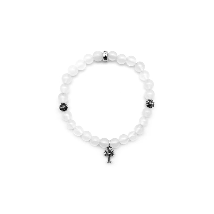 Chrome Hearts 6mm White Agate Silver Cross Pendant Beaded Bracelet