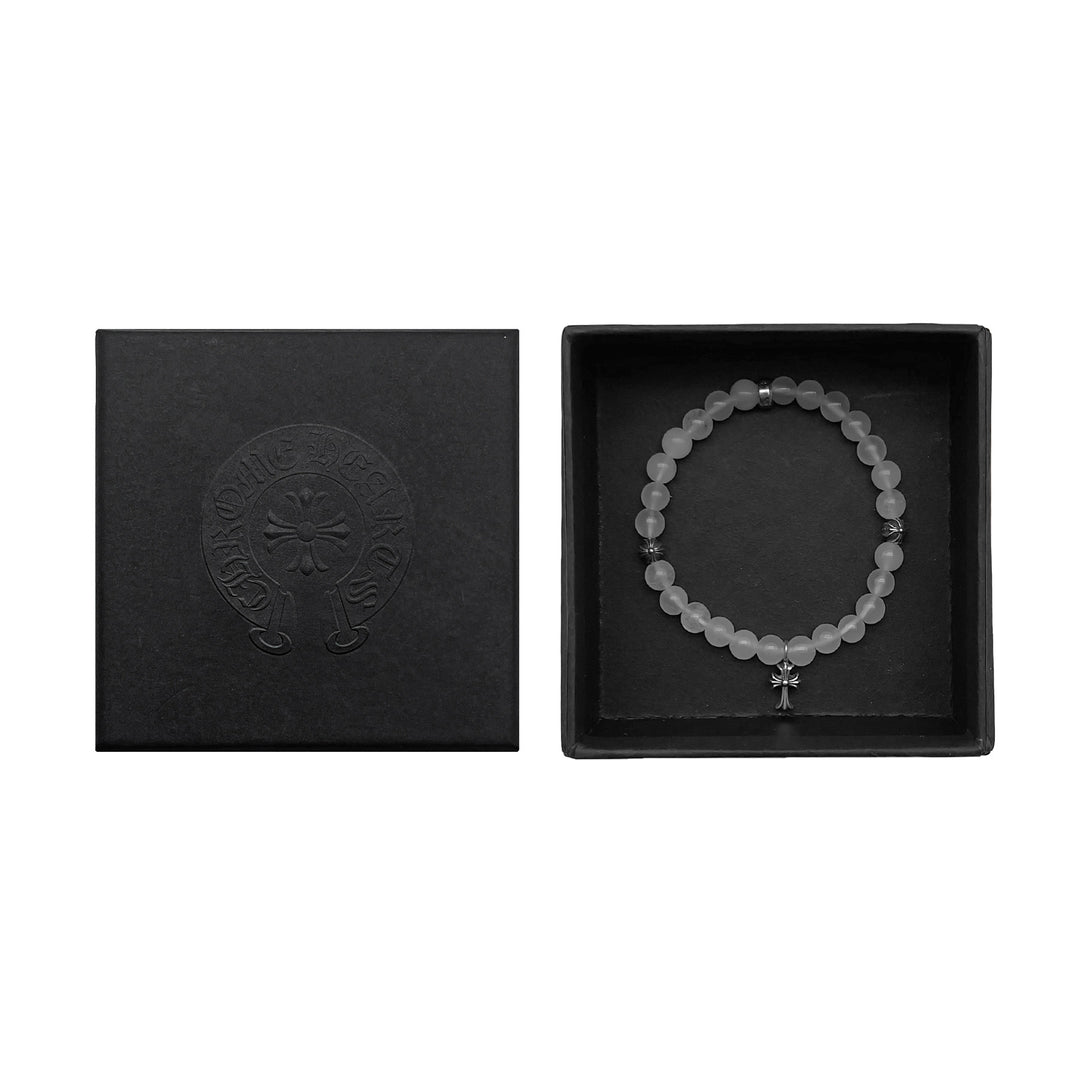 Chrome Hearts 6mm White Agate Silver Cross Pendant Beaded Bracelet