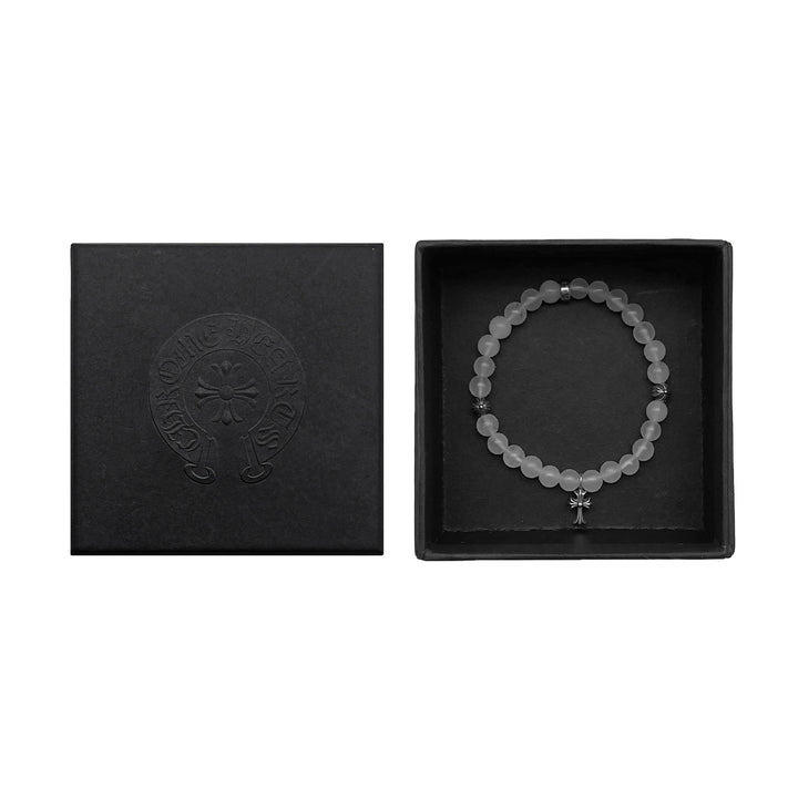 Chrome Hearts 6mm White Agate Silver Cross Pendant Beaded Bracelet