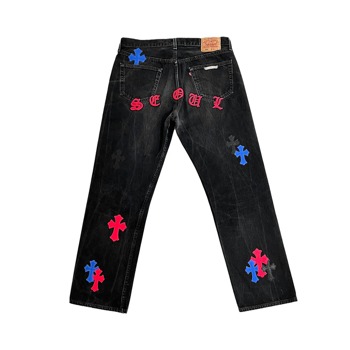 Chrome Hearts Levi's 501 Seoul Exclusive Blue&Red&Black Cross Patch Jeans