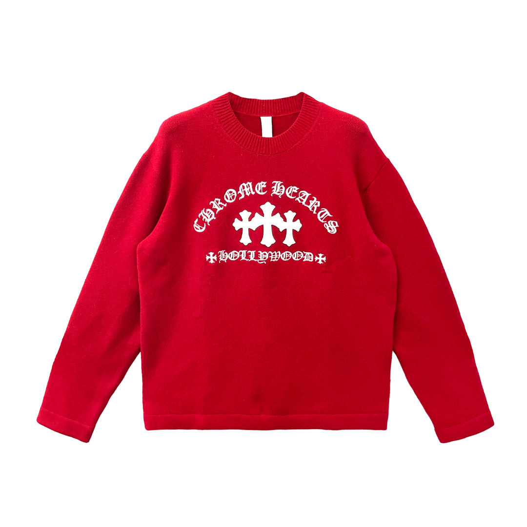 Chrome Hearts White Triple Cross Leather Patch Embroidered Script Red Cashmere Sweater