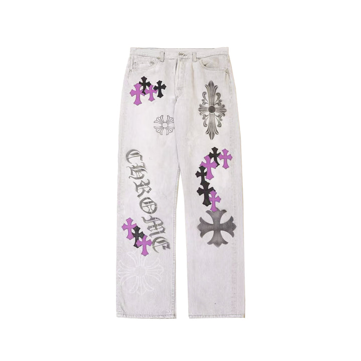Chrome Hearts Levi's 501 Spray Purple Cross Patch Washed Grey Jeans