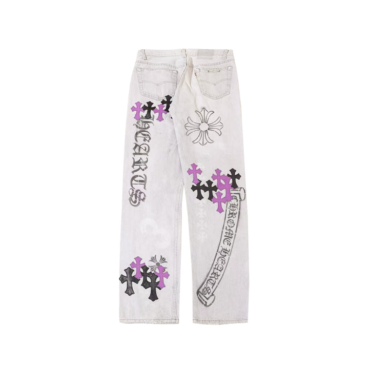 Chrome Hearts Levi's 501 Spray Purple Cross Patch Washed Grey Jeans