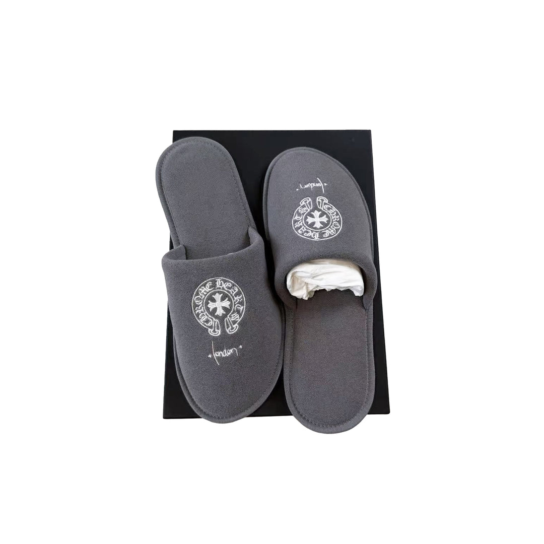 Chrome Hearts London Exclusive Horseshoe Embroidered Gray Slippers