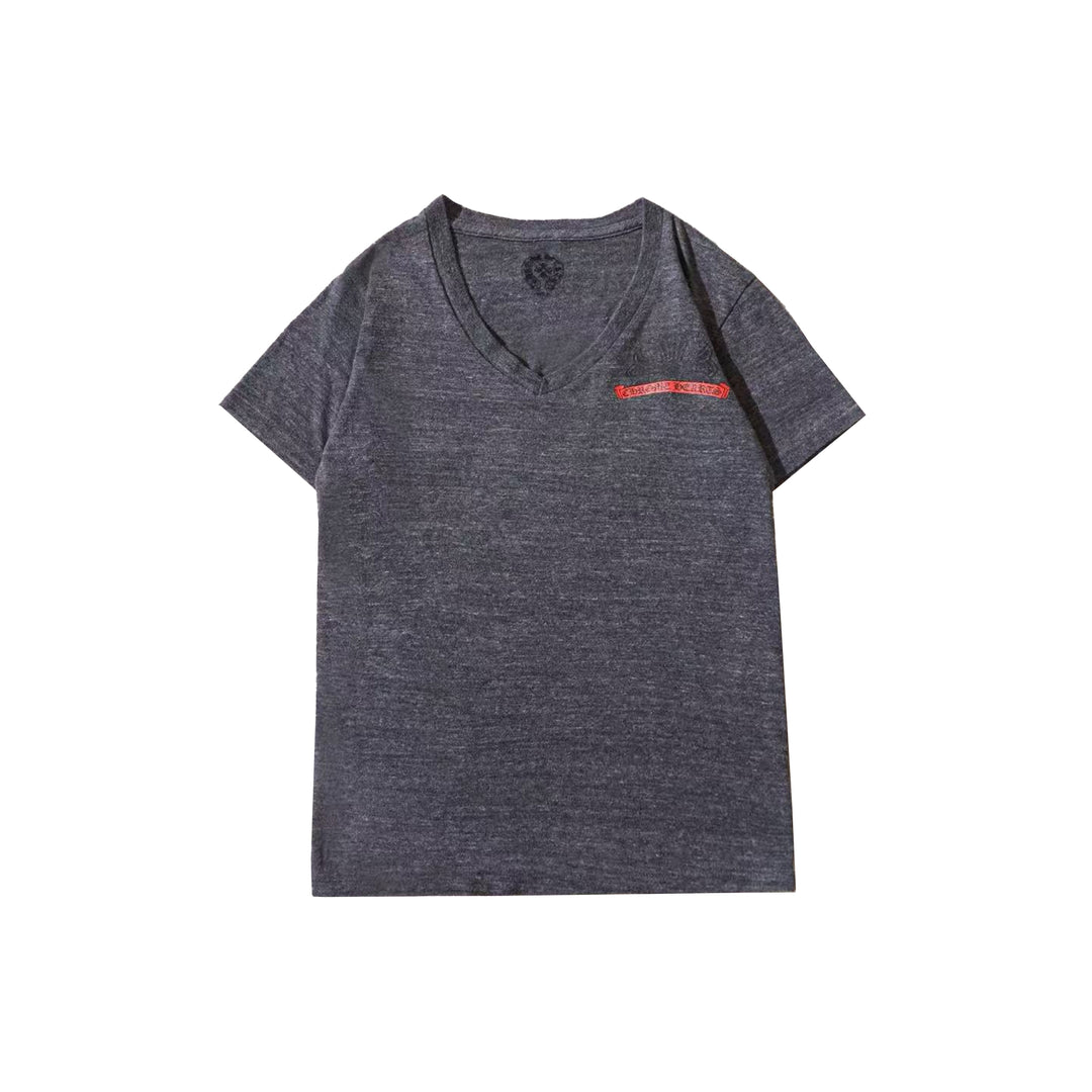 Chrome Hearts V-Neck Red Scroll Label Horseshoe Short Sleeve Tee