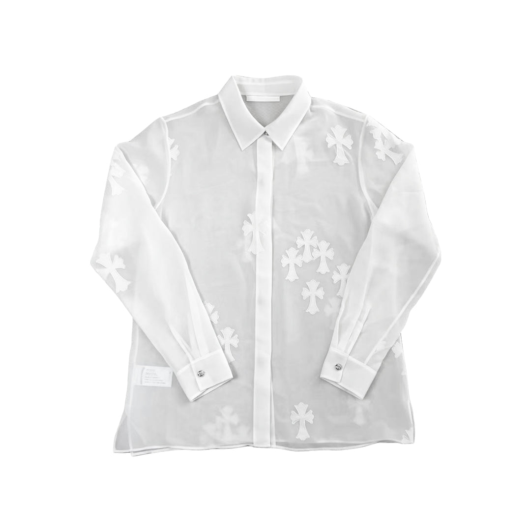 Chrome Hearts Sheer Cross Patch White Silk Shirt