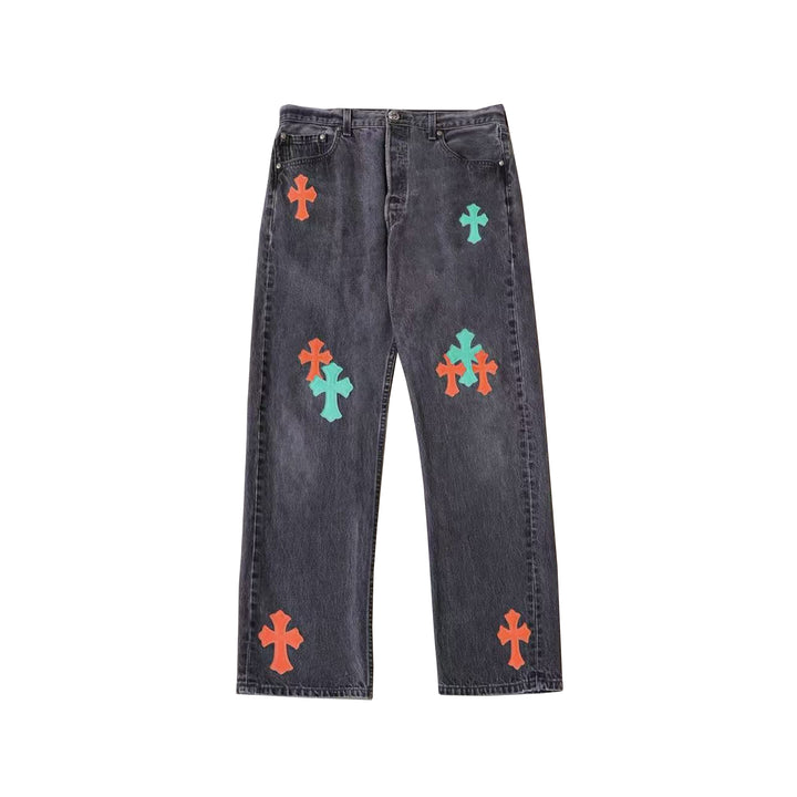 Chrome Hearts Levi's 501 Orange&Green Miami Cross Leather Patch Black Jeans