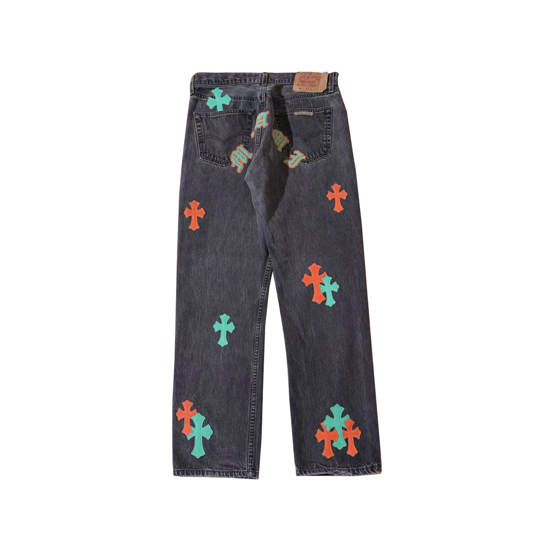 Chrome Hearts Levi's 501 Orange&Green Miami Cross Leather Patch Black Jeans
