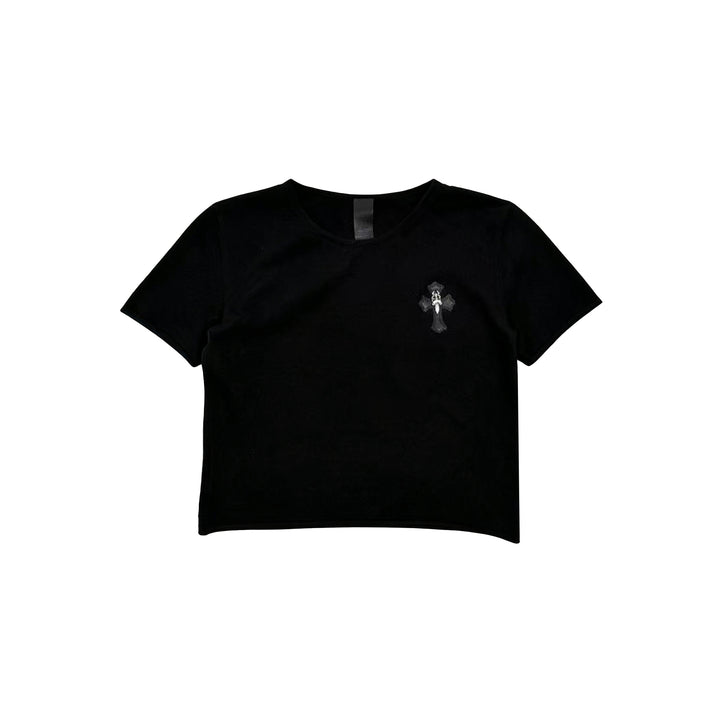 Chrome Hearts Mohair Knit Black Leather Silver Cross Short Sleeve Tee