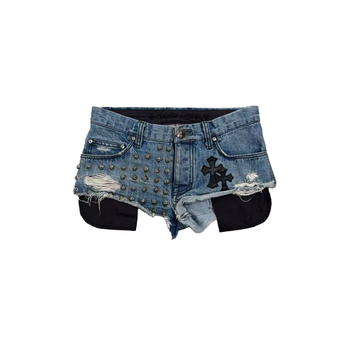 Chrome Hearts Studded Leather Cross Patch Blue Shorts