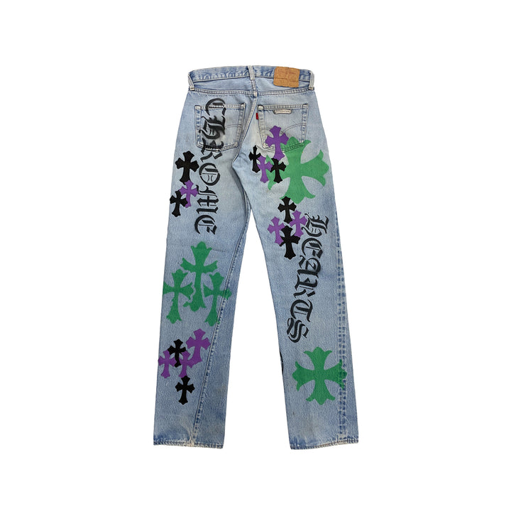 Chrome Hearts Levi's 501 Black&Purple Cross Patch Multi Graphic Spray Jeans