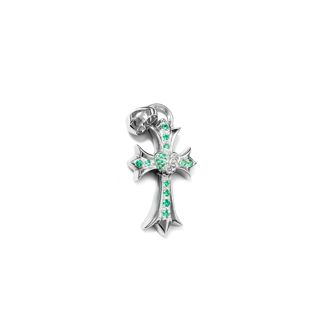 Chrome Hearts 18K White Gold Emerald Vine Heart Cross Charm Pendant