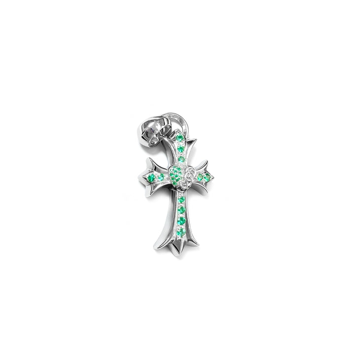 Chrome Hearts 18K White Gold Emerald Vine Heart Cross Charm Pendant