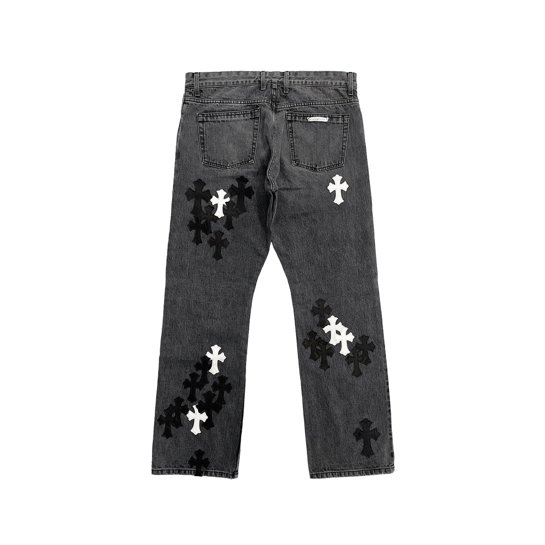 Chrome Hearts Black & White Cross Patch Fleur Knee Jeans