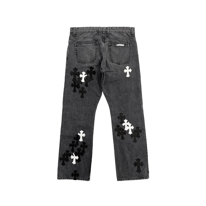 Chrome Hearts Black & White Cross Patch Fleur Knee Jeans