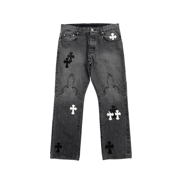 Chrome Hearts Black & White Cross Patch Fleur Knee Jeans