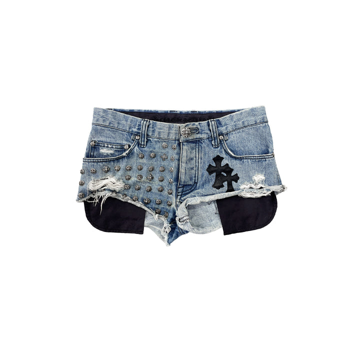 Chrome Hearts Studded Leather Cross Patch Denim Shorts
