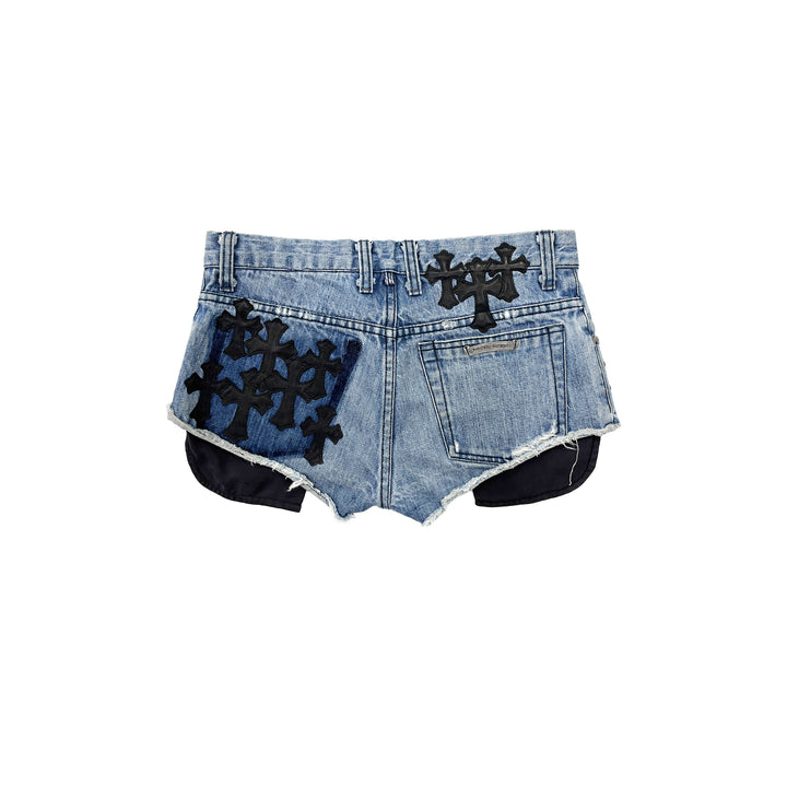 Chrome Hearts Studded Leather Cross Patch Denim Shorts